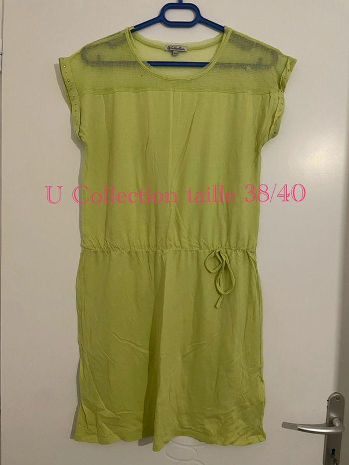 Robe t-shirt sans manche dentelle col jaune strass manche neuf u collection taille 38/40 - photo numéro 1