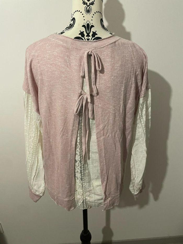 Pull à manches longues effet chemise rose clair et blanc taille 38 - photo numéro 4