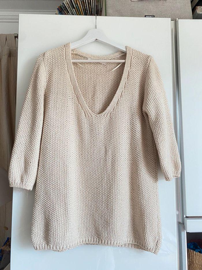 Pull long en grosses mailles beige - photo numéro 1