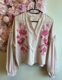 Blouse/chemise bohème May rose tendre avec broderies fleurs, taille S/M