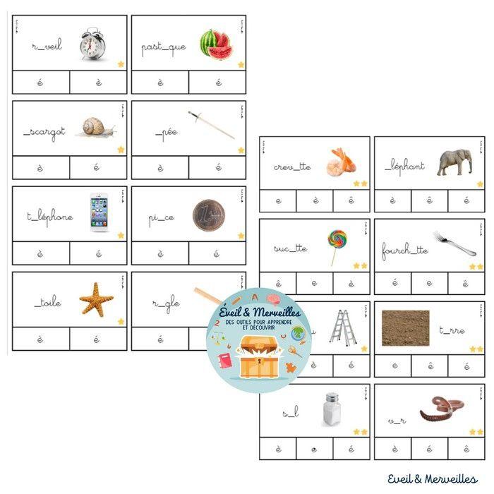 Cartes à pinces pour travailler l'orthographe des mots é, è, ê, e + 6 pinces en bois