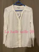 Blouse blanc à manches longues col V liseret doré devant neuf la halle taille 38