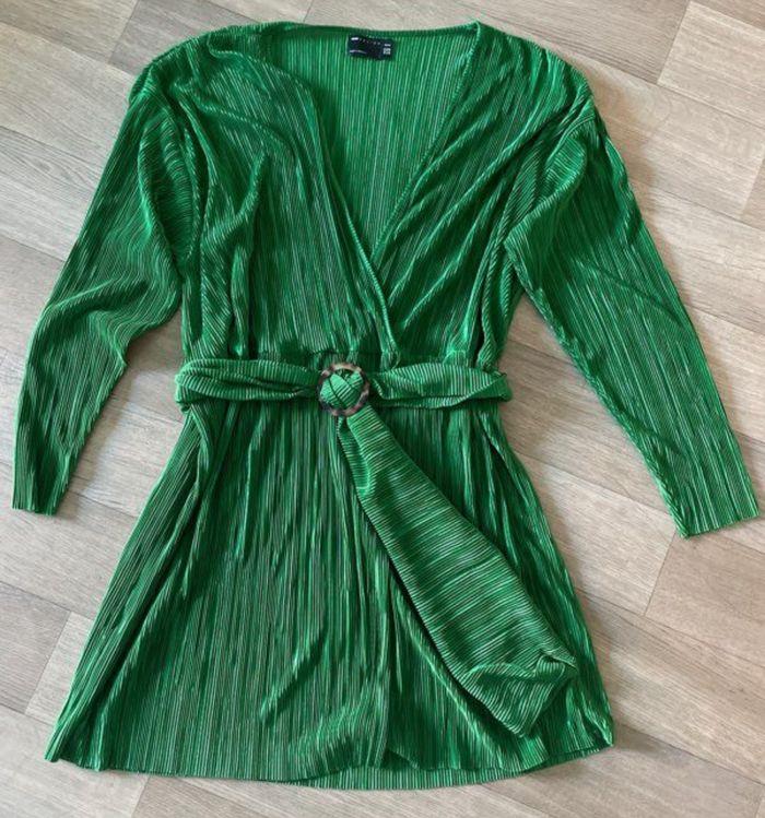 Robe courte cache-cœur Plissé avec finition effet écaille de tortue - vert - photo numéro 1