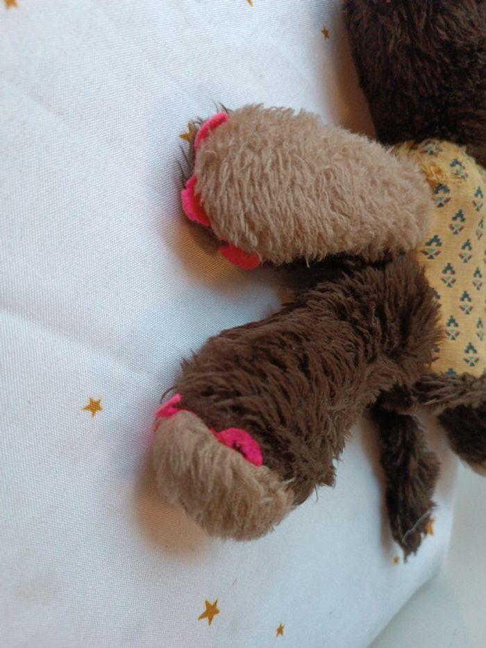 Peluche doudou ourson ours plush ancienne 50 60 delacoste brun Brown rose pink fluo grelot tissu - photo numéro 3