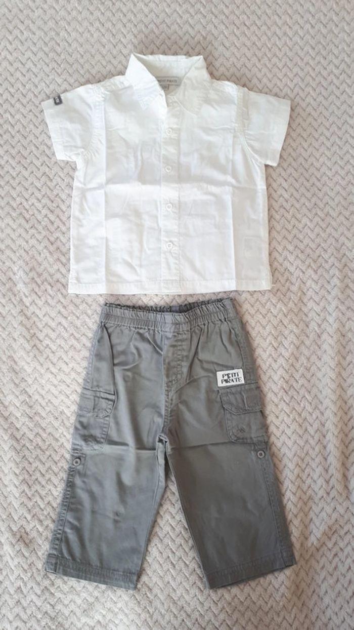 Ensemble garçon chemise et pantalon/short blanc gris Petit Pirate 12 mois neuf - photo numéro 1