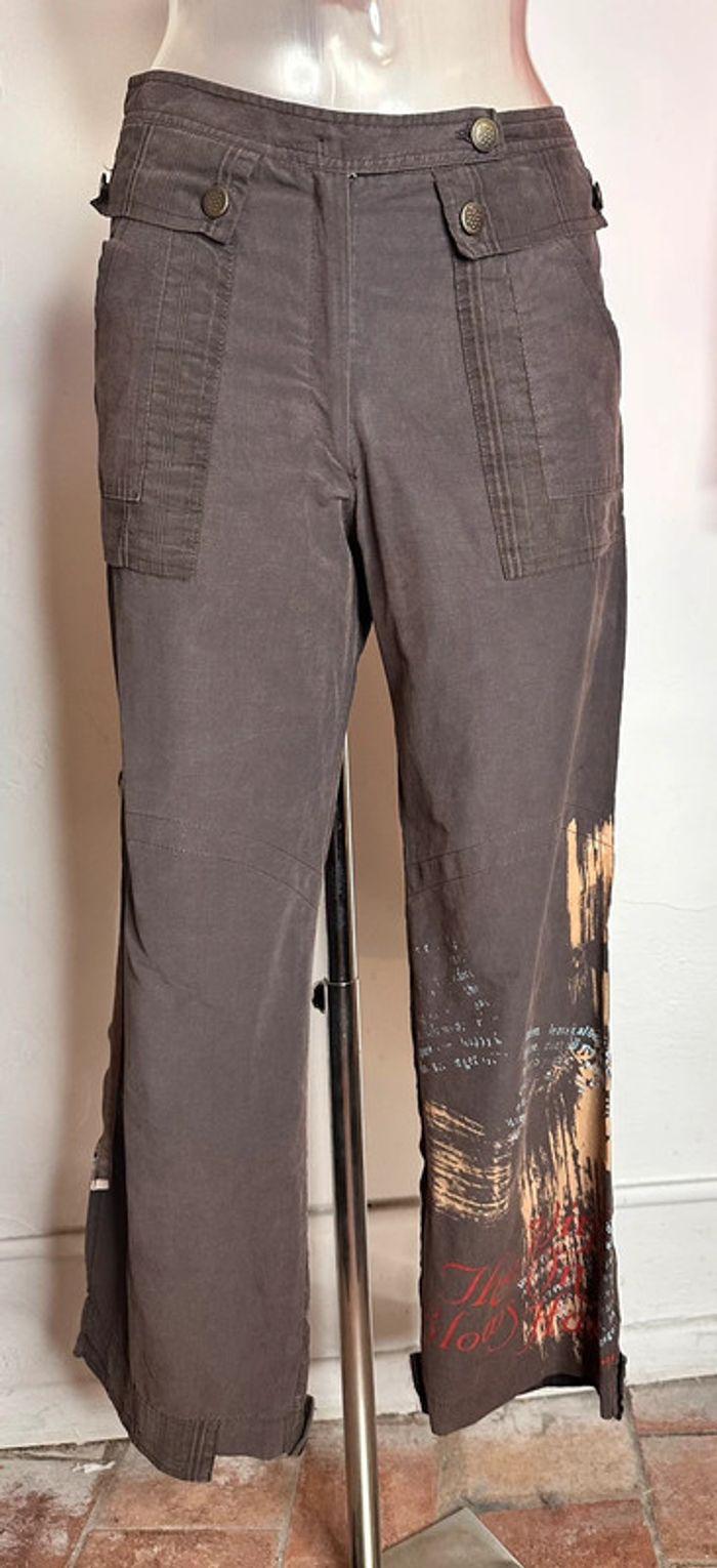 Pantalon toile marron Double Jeu à motifs et zips taille 2 - photo numéro 1