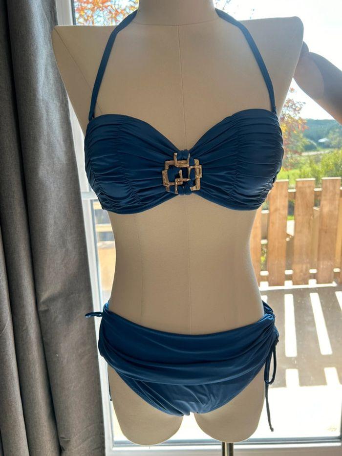 Maillot de bain 2 pièces bleu bijoux doré culotte plissée ajustable taille haute ou basse - photo numéro 1