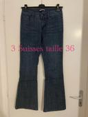 Jean bleu foncé taille haute coupe flare bas évasé large 3 suisses taille 36