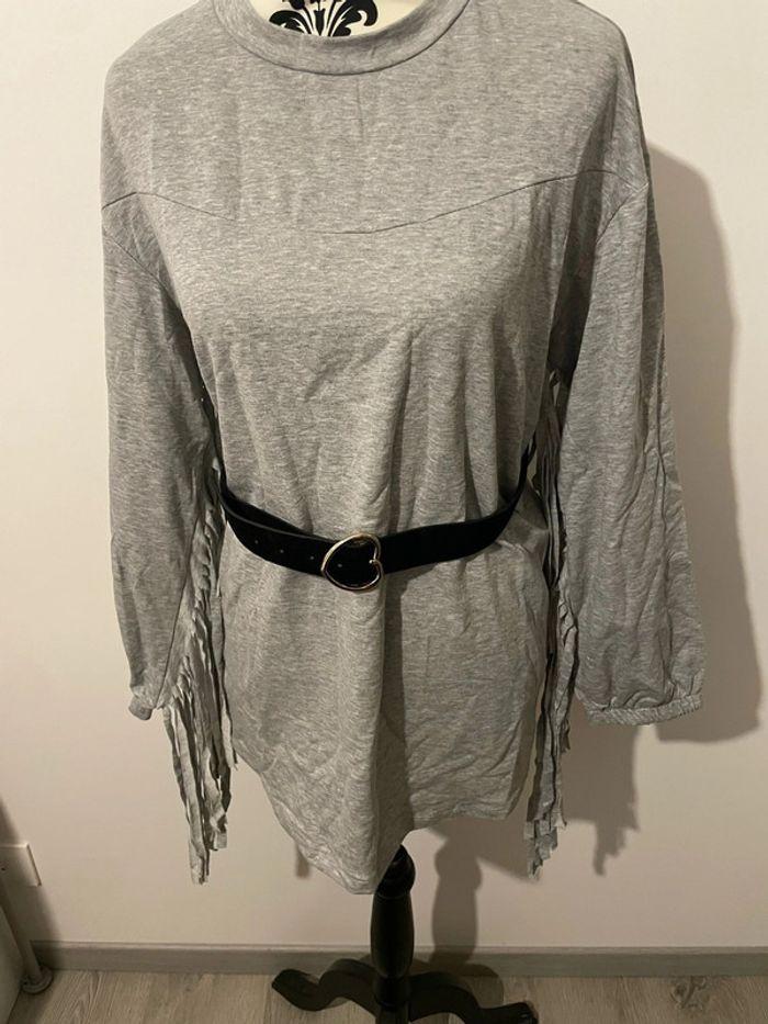 Pull sweat  long gris manche longue à frange avec ceinture noir neuf bellavie taille 40 - photo numéro 3