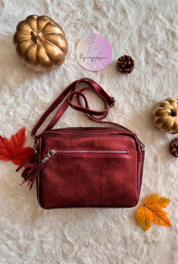 Sac à bandoulière en cuir irisé rouge bordeaux 23x17 cm - photo numéro 3