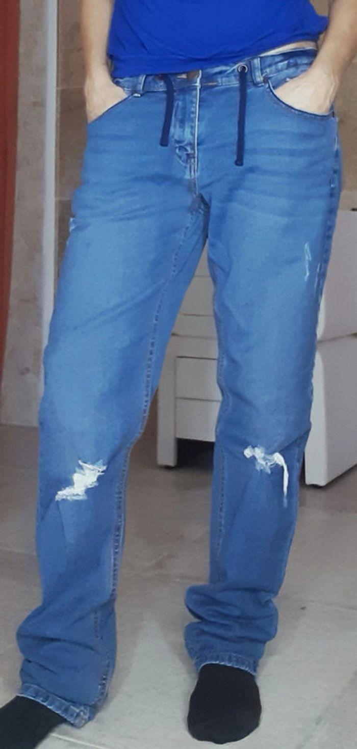 Jeans longs bleu clair troué taille mi-haute à lacet style jogging T.36/38 - photo numéro 2