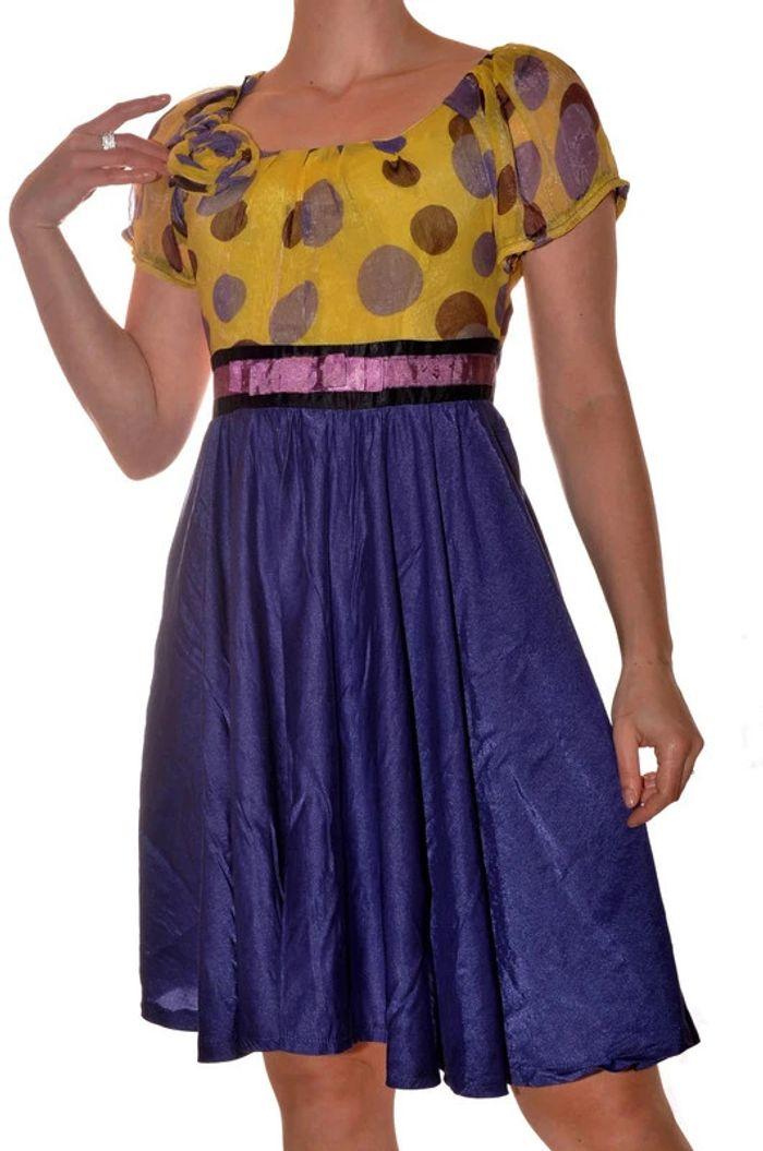 robe princesse originale violette et jaune à motif pois manches courtes taille S - photo numéro 6