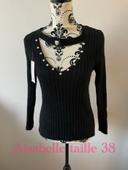 Pull doux noir col V strass blanc au col V neuf aisabelle taille 38