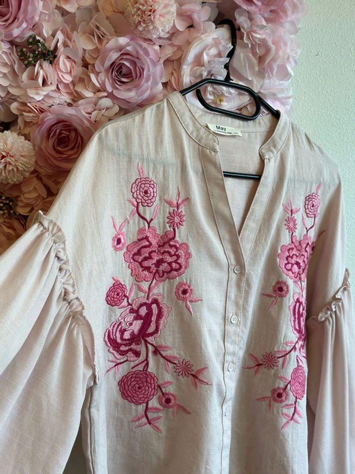 Blouse/chemise bohème May rose tendre avec broderies fleurs, taille S/M - photo numéro 3