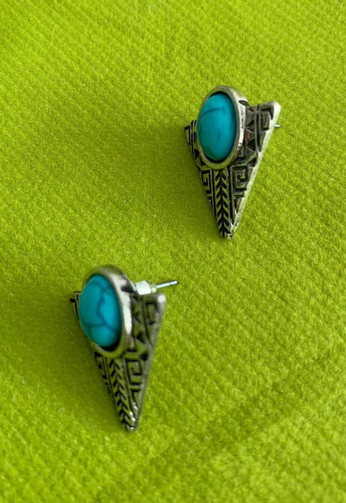 Belles boucles d’oreilles bleues turquoises triangle en alliage de zinc argenté - photo numéro 4