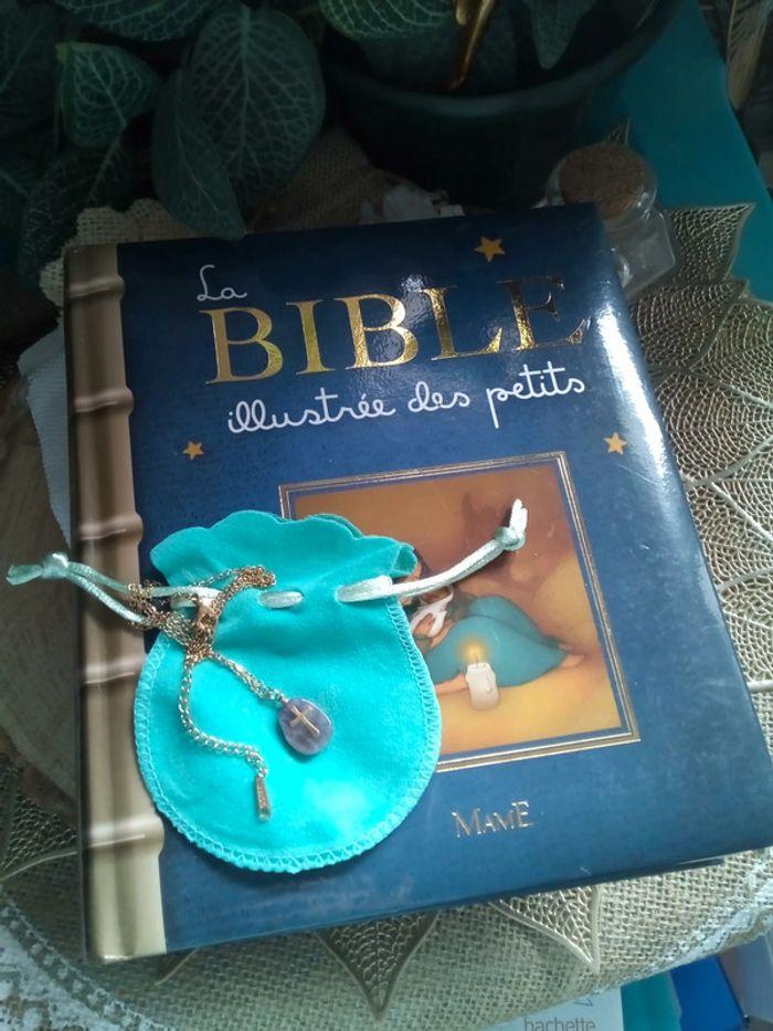 Collier pierre améthyste naturelle avec croix + bible enfants - photo numéro 1