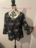 Blouse à manches 3/4 trompette noir motifs fleurs multicolore woman by gemo taille 46