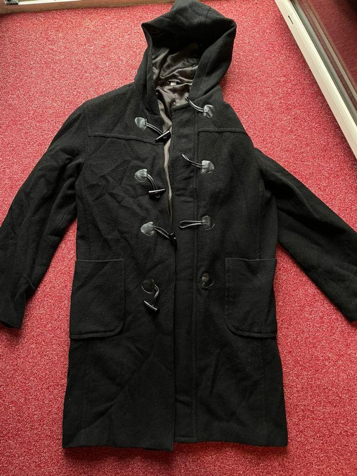 Manteau long noir printemps en feutre avec attaches en laine et viscose - photo numéro 1