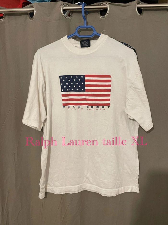 T-shirt à manches courtes blanc vintage drapeau américain Ralph Lauren Sport taille XL - photo numéro 1