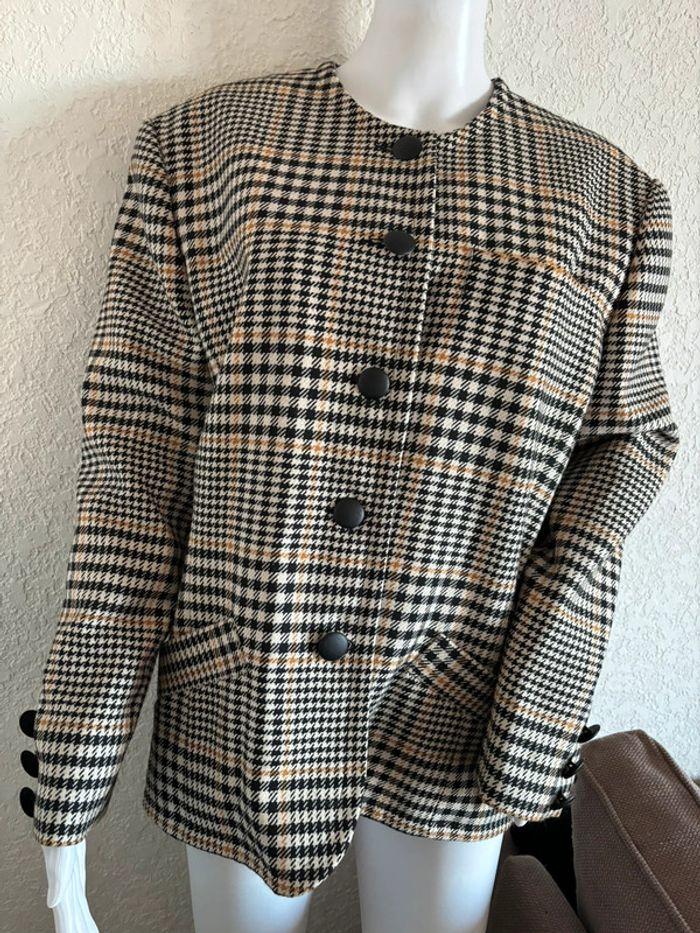 Veste tweed carreaux beige noir gris col rond Bragard 70s vintage taille L/40 - photo numéro 1