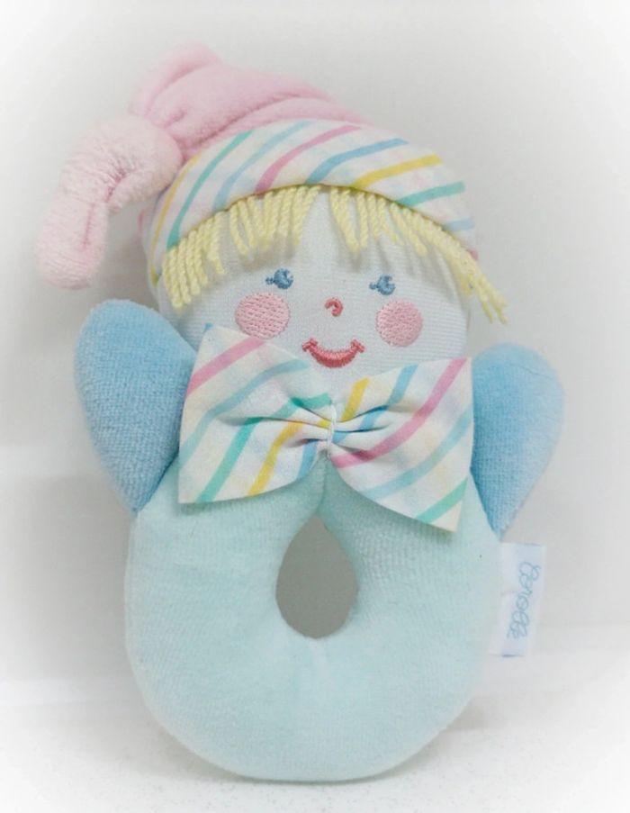 Hochet vintage grelot corolle clown lutin pastel bleu blue 1997 bébé baby doudou peluche plush teddy - photo numéro 1