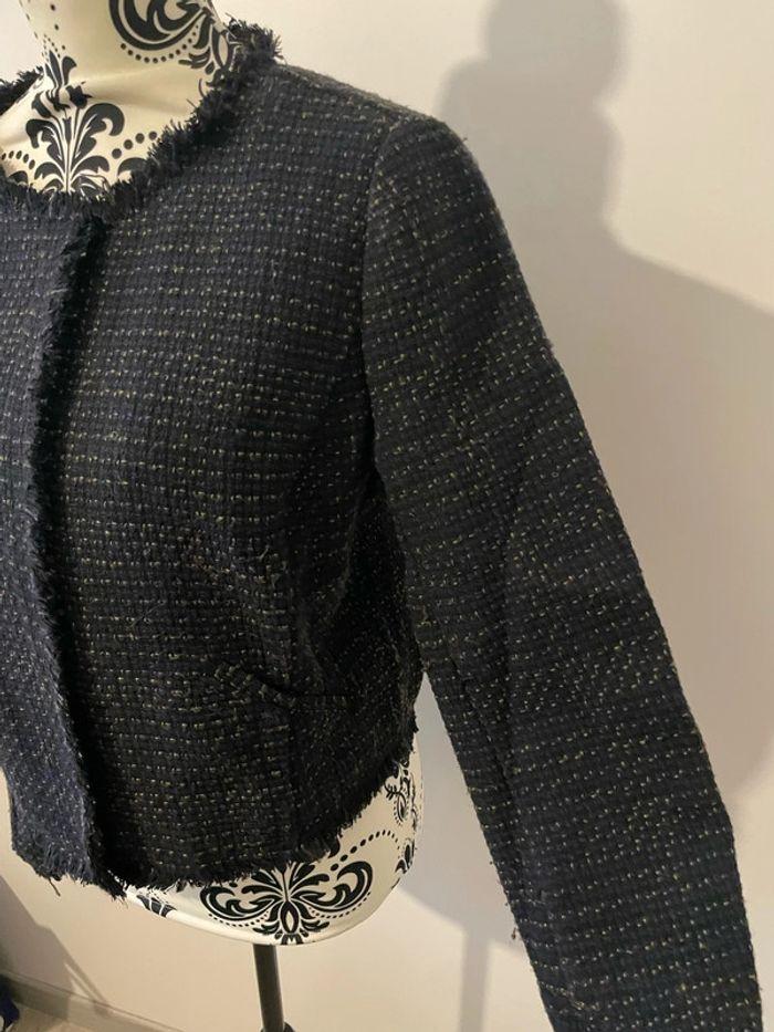 Veste blazer bleu marine motifs petits carreaux bleu et beige promod taille 40 - photo numéro 3