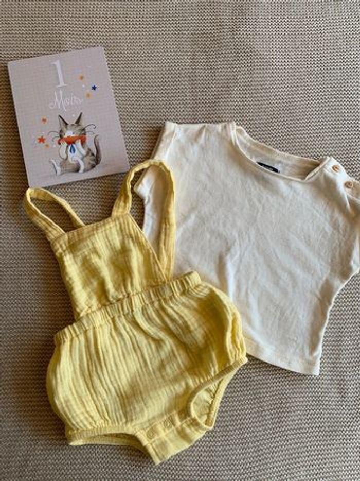 Ensemble T-shirt bloomer gaze de coton jaune kiabi 1 mois - photo numéro 1