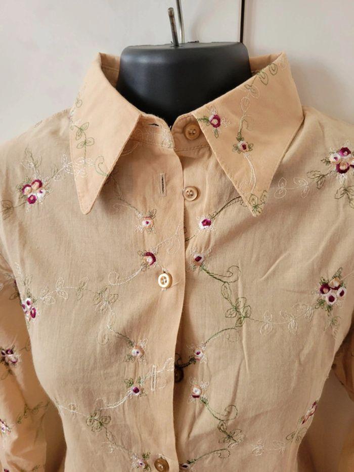 Chemise chemisier marron beige motifs fleurs roses Cottonade Paris taille 42 / XL - photo numéro 2