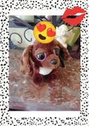 Peluche chien marron yeux roses