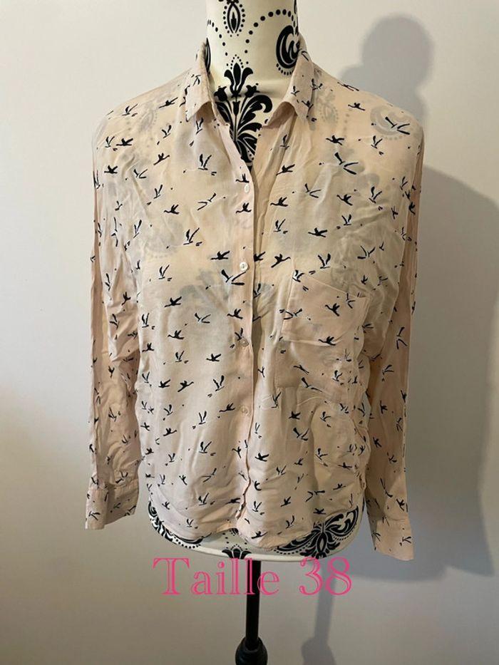 Chemise à manches longues noeud devant rose pastel à motifs oiseaux taille 38 - photo numéro 1