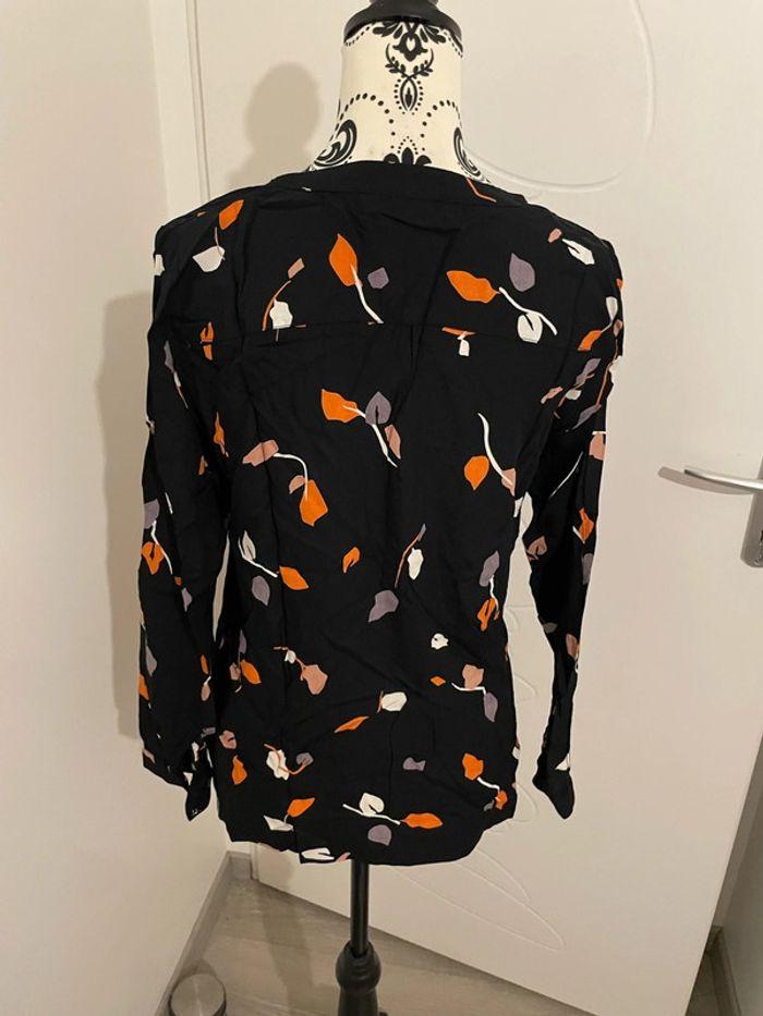 Blouse à manches longues noir motifs orange blanc col V bouton neuf brandtex taille 36 - photo numéro 4