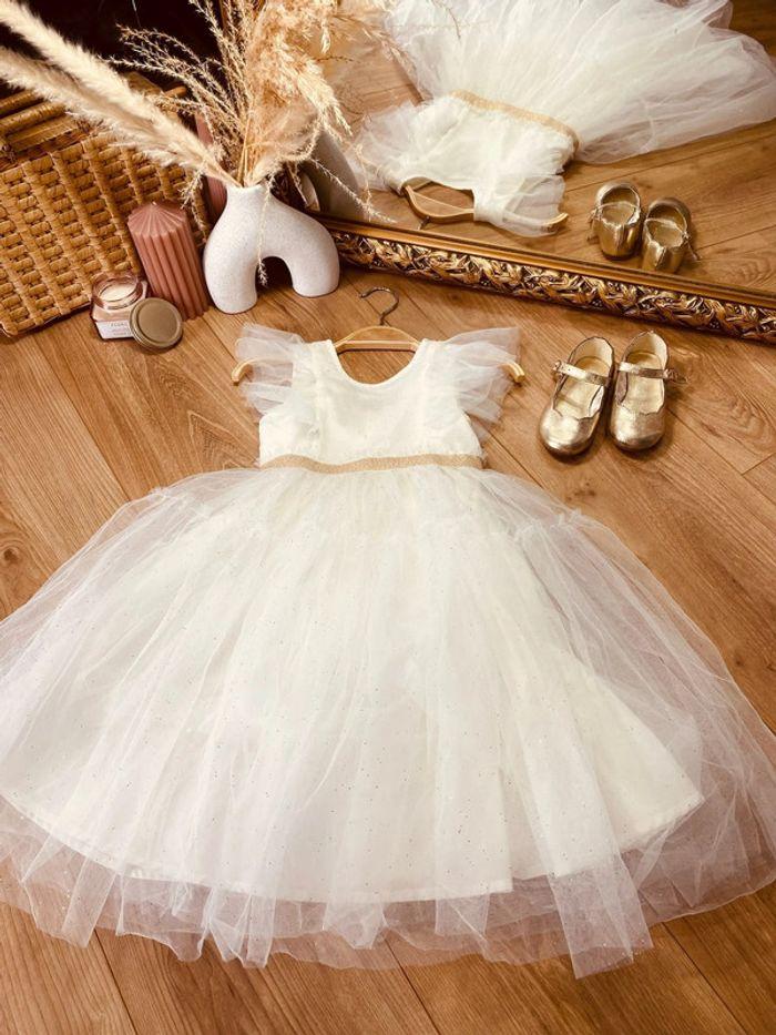 Taille 4 ans robe longue créateur fille TAO blanche crème dorée * tulle scintillant * 🌷 - photo numéro 1