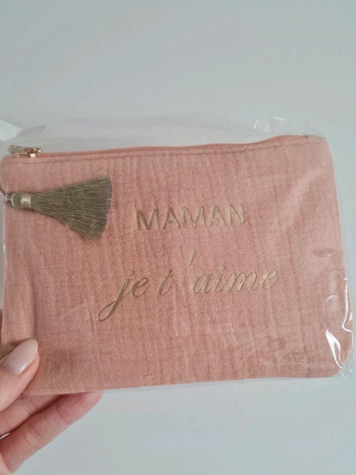 Trousse pochette en gaze de coton Maman je t'aime rose nude