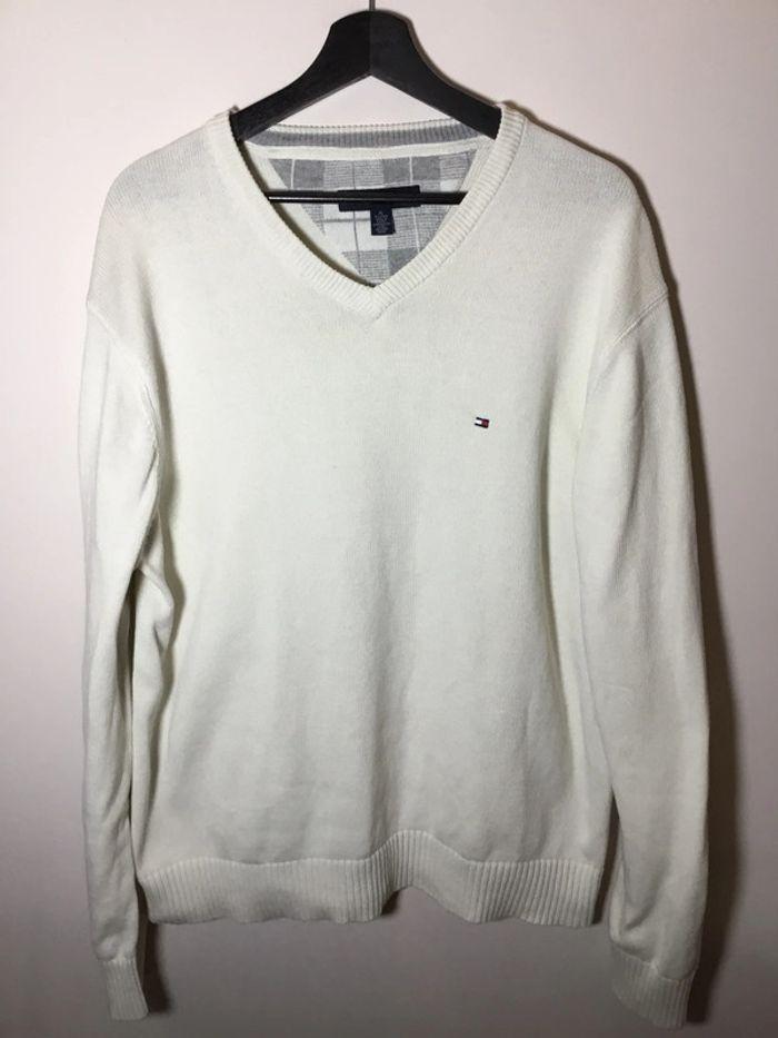 Pull col en v taché pour homme Tommy Hilfiger crème taille XL 013 - photo numéro 1