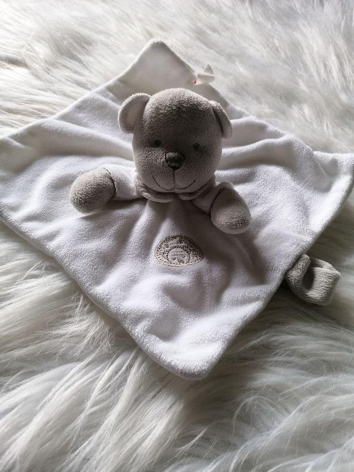 Doudou plat tête d'ourson blanc et gris nicotoy - photo numéro 1