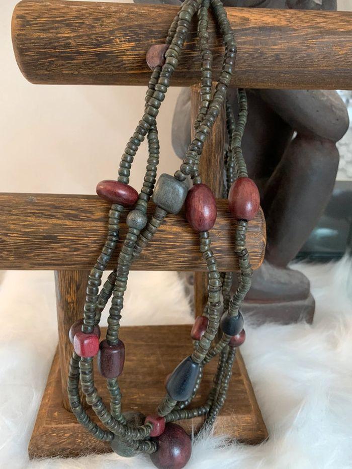 Collier multirang perles bois style africain tons marron et kaki - photo numéro 6