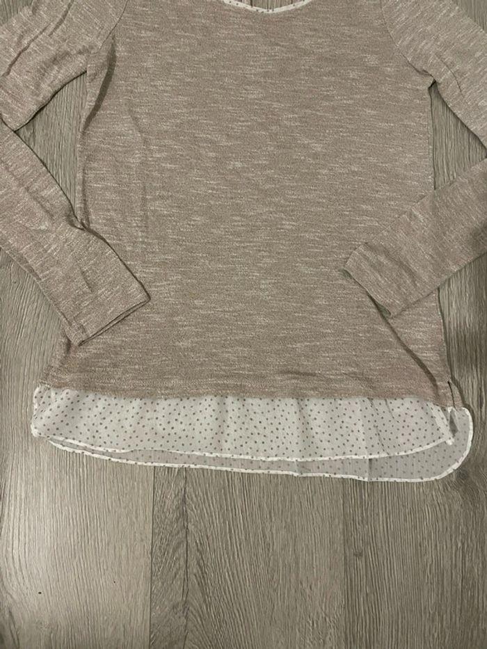 Pull beige manches longues effet chemise blanc pois beige en bas camaïeu taille 36 - photo numéro 3