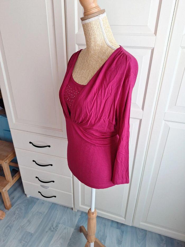 Tee-shirt top manches longues 3/4 strass Damart rose fushia taille 46 XXXL - photo numéro 9