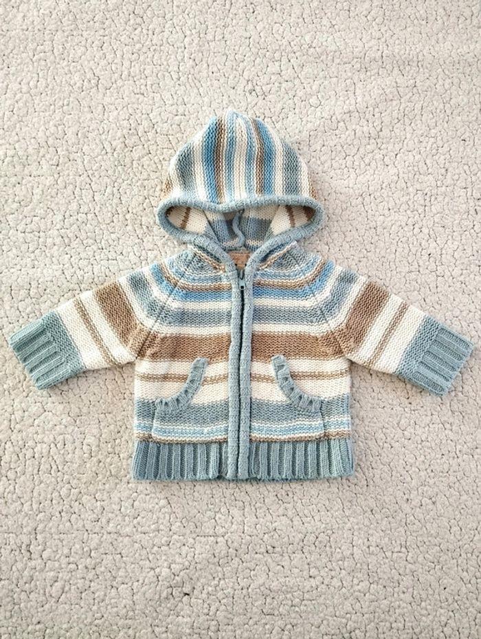 Gilet rayé capuche beige bleu ciel T6M Canari Baby - photo numéro 1