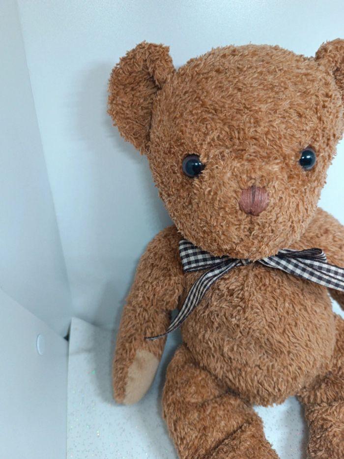 Nounours ours Teddy Bear peluche plush doudou caramel brun Brown marron bouclette nœud rayure - photo numéro 4