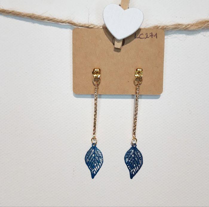 Boucles d'oreilles dorées et feuilles bleues LC271 - photo numéro 2