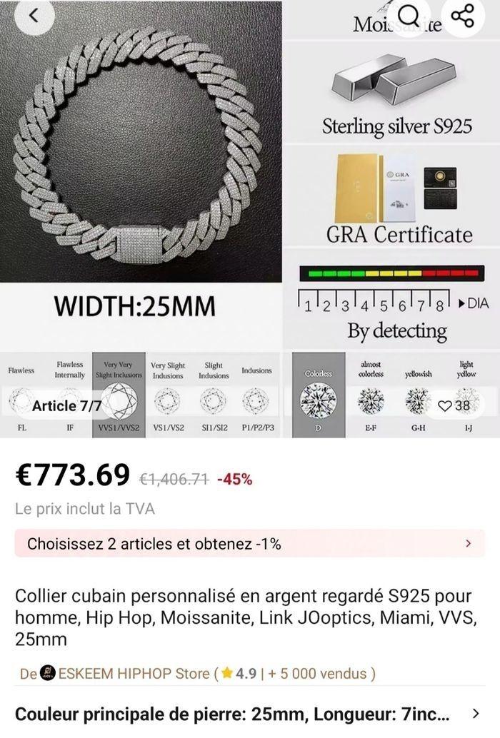 Collier cubain personnalisé en argent regardé S925 pour homme, Hip Hop, Moissanite, Link JOoptics, Miami, VVS,25mm - photo numéro 6