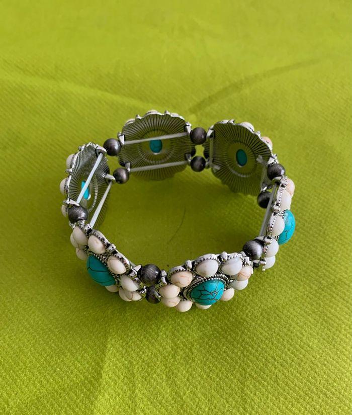 Magnifique bracelet manchette bleu turquoise et blanc vieilli en alliage argenté - photo numéro 5