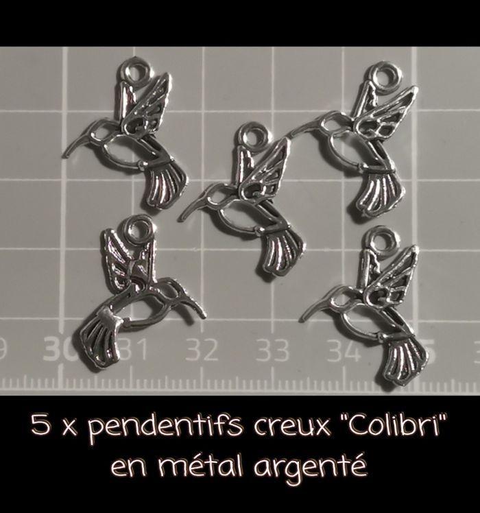 5 x pendentifs creux "Colibri" en métal argenté clair - photo numéro 1