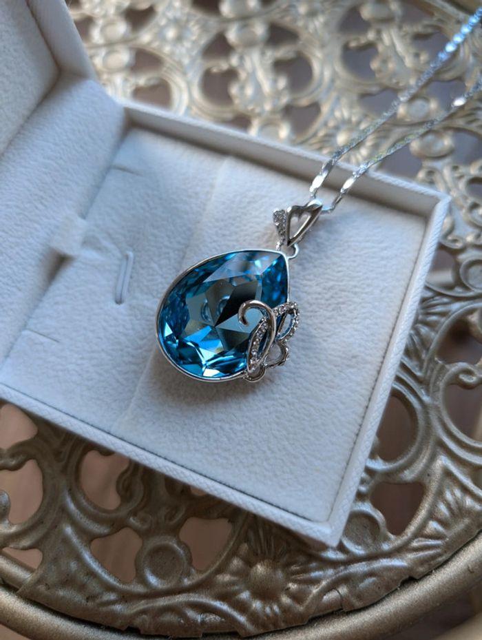 Collier en acier inoxydable, pendentif bleu cristal - photo numéro 7