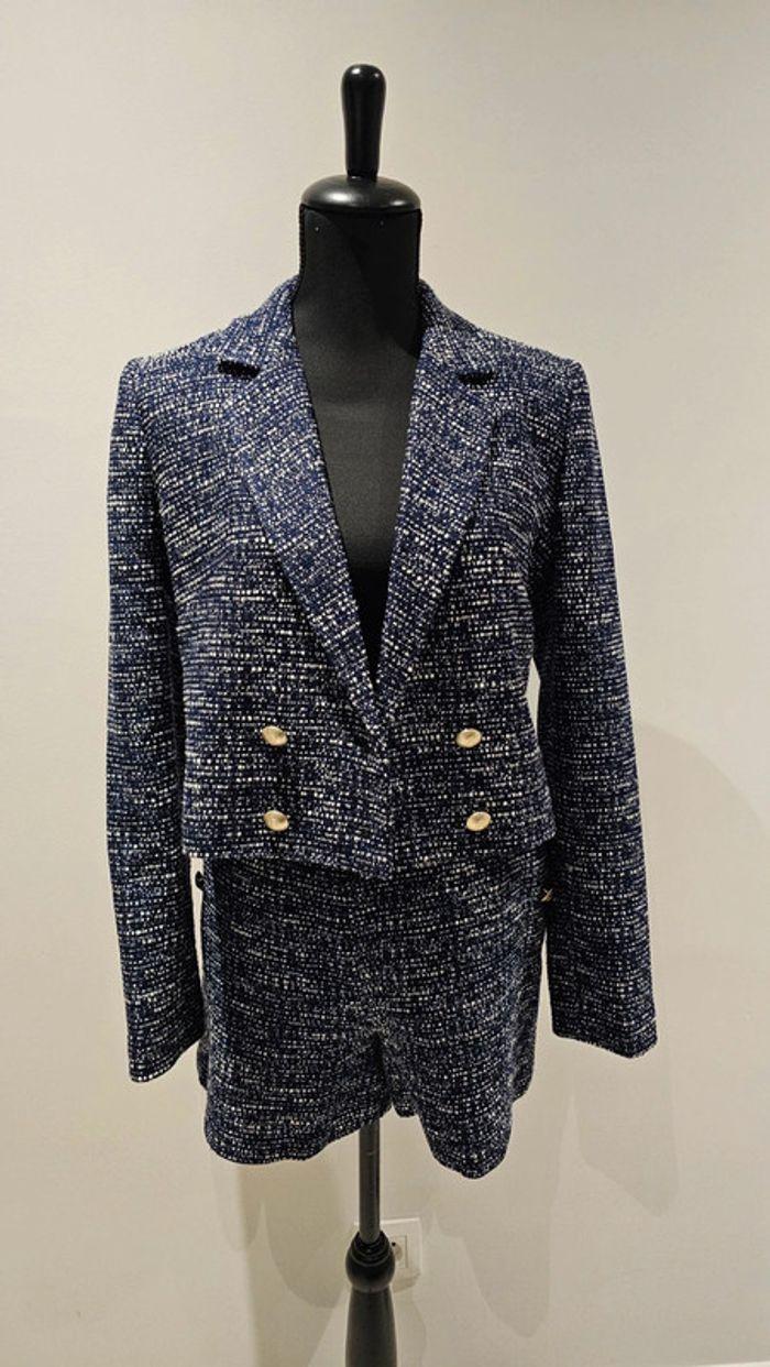 Ensemble tailleur short blazer tweed bleu Naf Naf - photo numéro 2