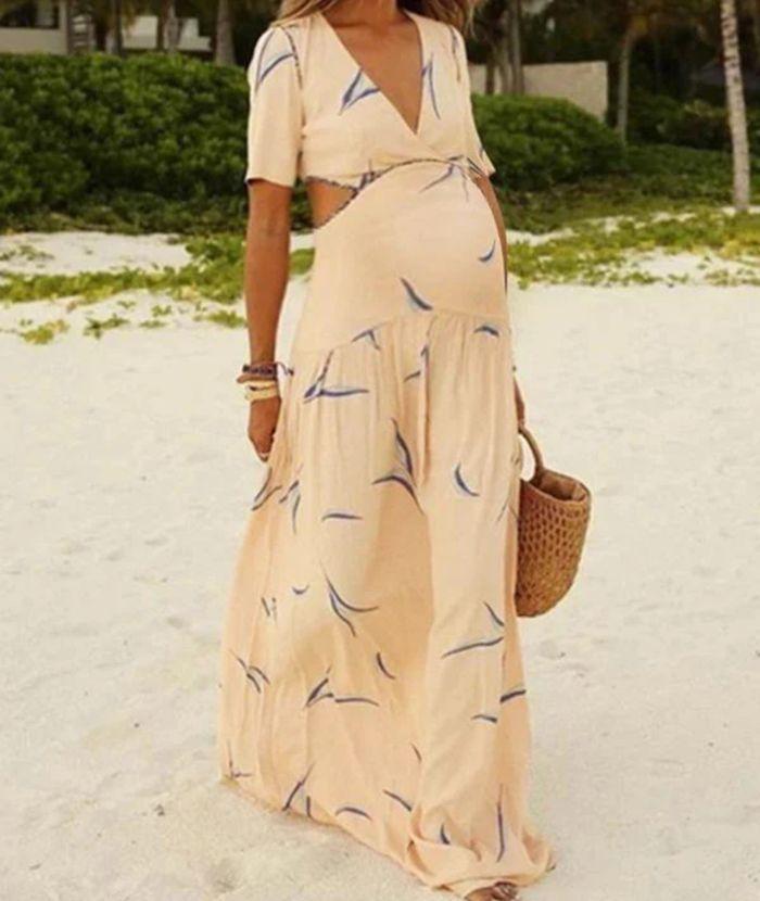 Beaumama robe longue de grossesse impression fluide manches courtes femme enceinte - photo numéro 1