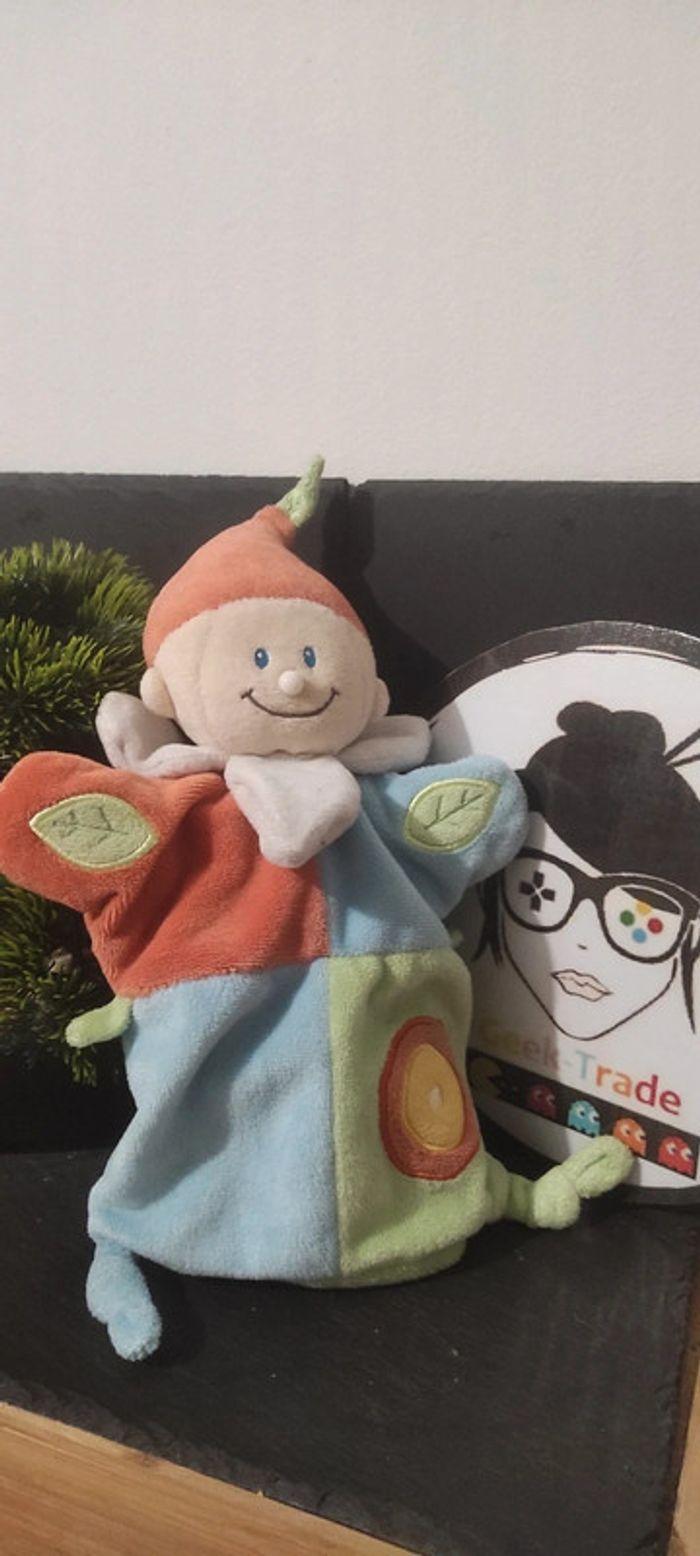 doudou marionnette lutin garçon vert bleu orange feuille baby luna cercle bonnet perle - photo numéro 1