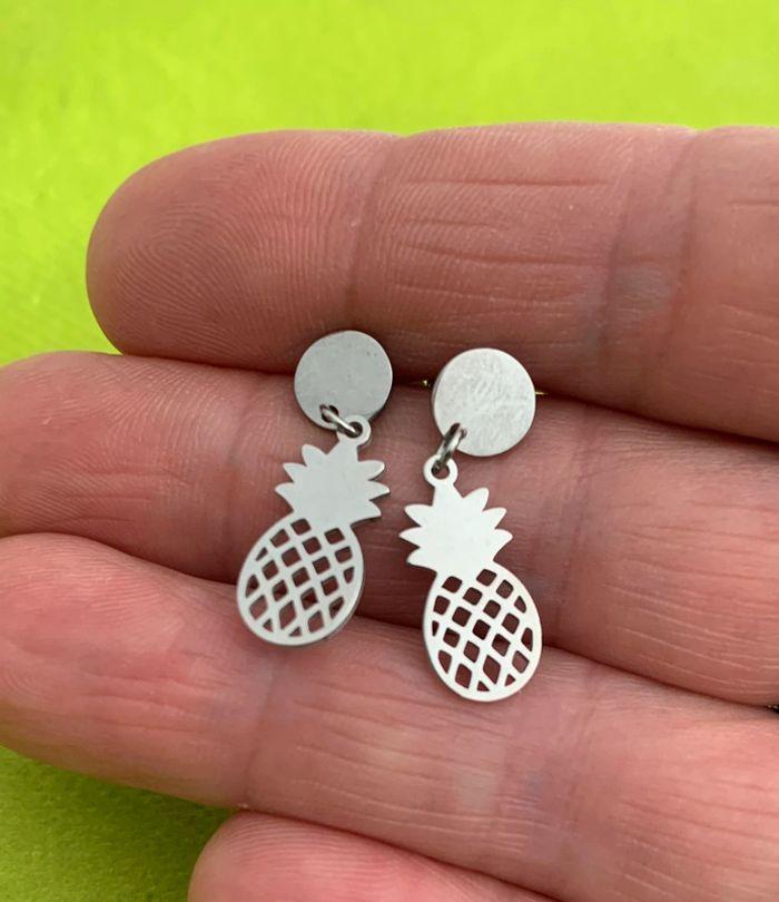 Jolies boucles d’oreilles pendantes ananas en acier inoxydable argenté - photo numéro 4