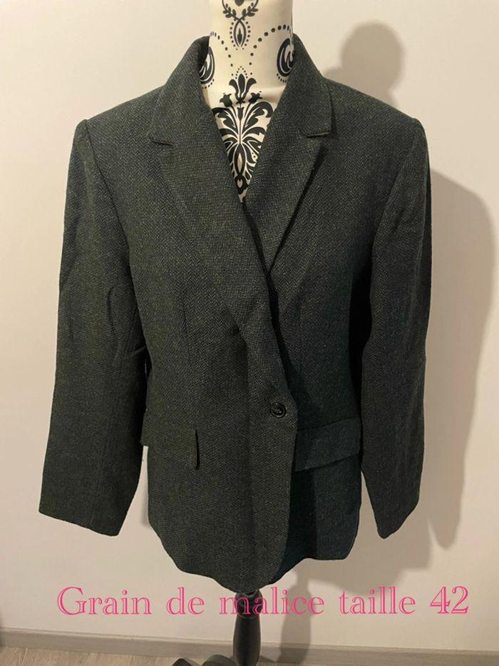 Veste manteau blazer vert foncé piqué marron poche devant grain de malice taille 44 - photo numéro 1